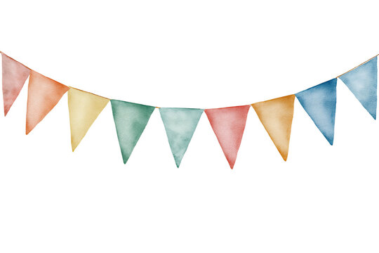 Watercolor illustration of a colorful bunting banner, suspended against a black background