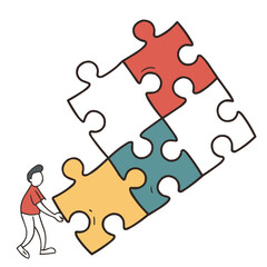 Person Walking Toward Puzzle Pieces Vector Icon for Teamwork. 