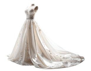 Classic White Wedding Dress with Lace Sleeves and Veil transparent background.