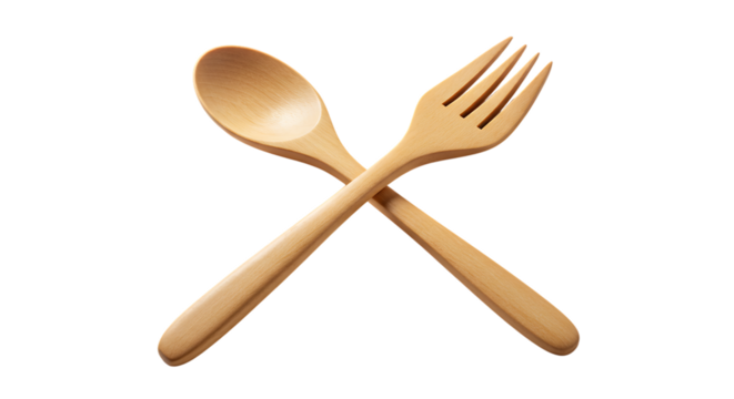 Wooden Spoon and Fork Crossed Isolated on White Background - Eco-Friendly Utensil Set