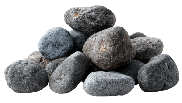 Close-up of a pile of smooth, gray river rocks on a transparent background