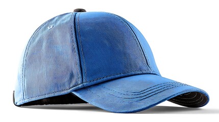 A close up of a blue baseball cap on a white surface with good lighting