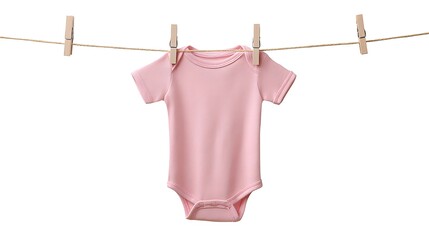A pink baby onesie hanging on a clothesline with wooden clothespins attached