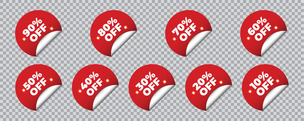 Set of red vector business stickers with discounts. 20%, 30%, 40%, 50%, 60%, 70%, 80%, 90% off. Black Friday sale elements, advertising labels, and promotion tags