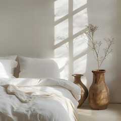 White Pillows with a Wooden Vase with flowers in a Sunlit Bedroom.