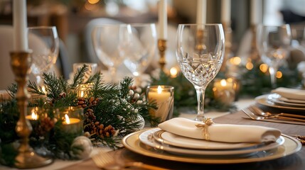 An elegant holiday table setting, aglow with candlelight, creates a warm and inviting ambiance.