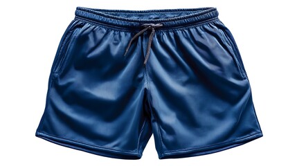 A pair of blue athletic shorts with a drawstring on a white background