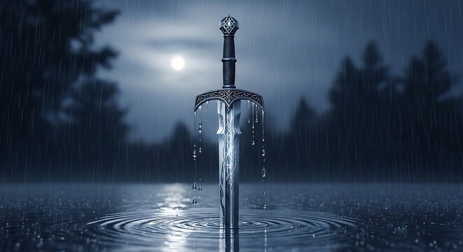 Excalibur Rising - Sword in Lake, Moonlight Reflection, Mystical Night Scene.