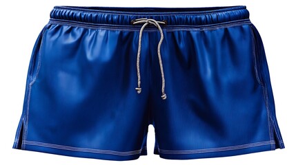 A pair of blue athletic shorts with a drawstring on a white background