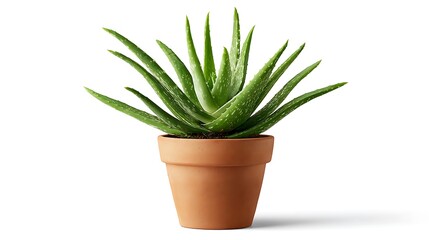 A potted aloe vera plant with green leaves on a white isolated background