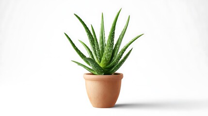 A single aloe vera plant in a terracotta pot against a white background