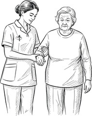Nurse assisting elderly woman walking, senior healthcare support illustration, caregiver helping patient sketch, compassion in medical care, aging support artwork