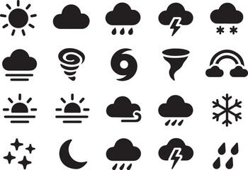 Obraz premium Collection of diverse weather icons representing various atmospheric conditions and natural phenomena in a clean black and white graphic style