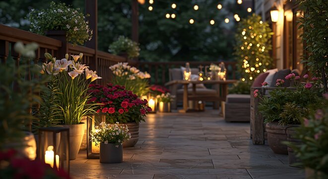 Cozy Evening Patio Deck Illuminated by Warm String Lights, Lanterns, and Lush Potted Plants.