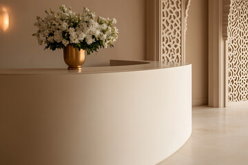 Elegant white flowers in a gold vase sit on a curved counter near decorative wall accents. A soft, neutral color palette creates a serene space.