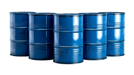 Blue Metal Oil Drums on Transparent Background &ndash; Industrial Steel Barrels for Oil, Fuel, and Chemical Storage