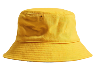 Bright yellow, wide-brimmed hat, isolated on a transparent background, offering sun protection