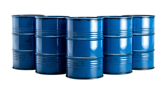 Blue Metal Oil Drums on Transparent Background &ndash; Industrial Steel Barrels for Oil, Fuel, and Chemical Storage