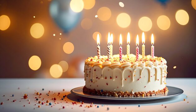 A festive birthday cake on a silver platter, with lit candles and colorful sprinkles against a blurred bokeh backdrop and balloons