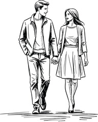 Romantic couple walking hand in hand, stylish man and woman illustration, love relationship, urban fashion, togetherness, happiness, sketch art drawing