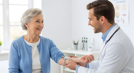 Obraz premium doctor checks blood pressure of elderly woman in bright clinic