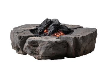 A stone fire pit with glowing embers against a stark black background