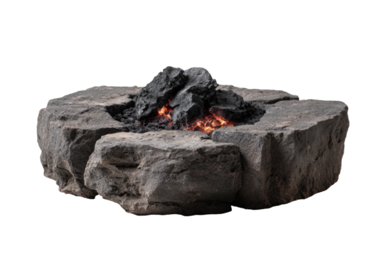 A stone fire pit with glowing embers against a stark black background
