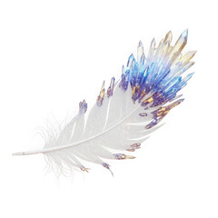 Exquisite crystal feather with blue and gold accents, symbolizing magic and elegance.