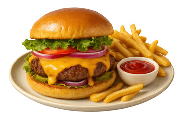 Delicious cheeseburger and french fries on a plate, isolated on transparent background
