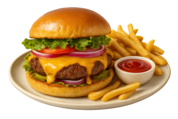Delicious cheeseburger and french fries on a plate, isolated on transparent background