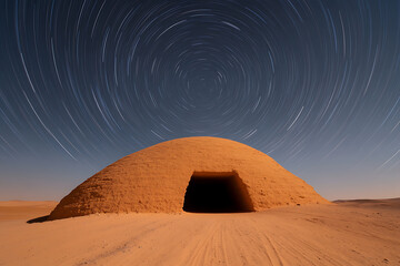 Desert dome under swirling star trails. A solitary, earthen structure stands beneath a celestial dance, merging earth and sky in a timeless panorama.