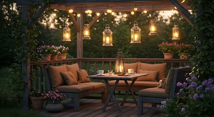 Cozy Evening Patio Illuminated by Warm Lanterns and String Lights Amidst Lush Greenery.