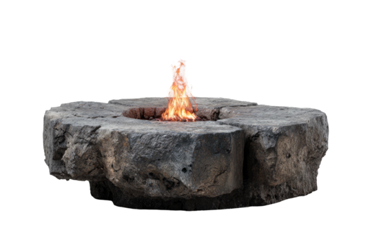 A stylized outdoor fire pit in a natural rock formation burning brightly with flames