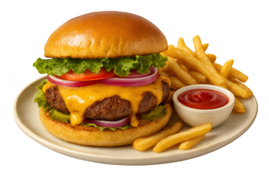 Delicious cheeseburger and french fries on a plate, isolated on transparent background