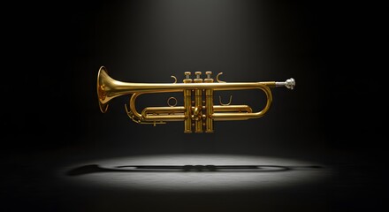 Obraz premium Elegant Golden Brass Trumpet on Dark Background with Spotlight Effect, Classic Musical Instrument Isolated in Studio