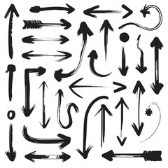 Hand Drawn Black Brush Arrows Set – Grunge Ink Directional Arrow Icons Isolated on White Background