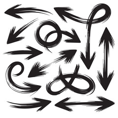 Hand Drawn Black Brush Arrows Set – Grunge Ink Directional Arrow Icons Isolated on White Background