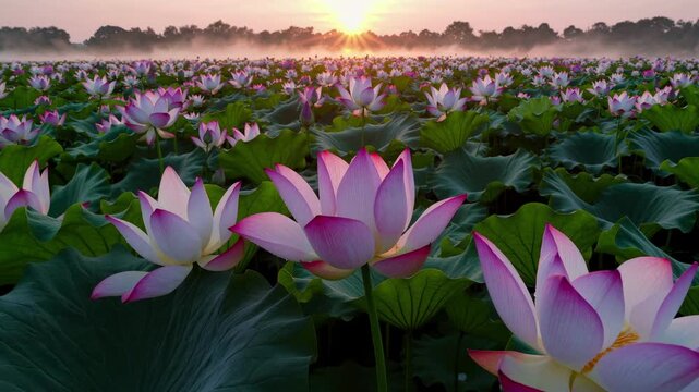 A serene video captures a field of blooming lotus flowers at sunrise, shot from a low angle, highlighting the soft pink petals and misty horizon. Live desktop wallpaper.