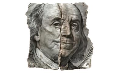 A torn and aged dollar bill, split vertically to show its older and newer sides