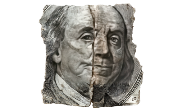 A torn and aged dollar bill, split vertically to show its older and newer sides