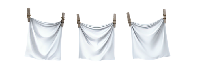 Three white linen sheets hang from wooden clothes pegs, suspended against a black background