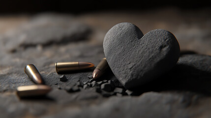 Stone heart amid bullets. A stark contrast of love and conflict, resilience in adversity, hinting at shattered dreams and survival's hard reality.