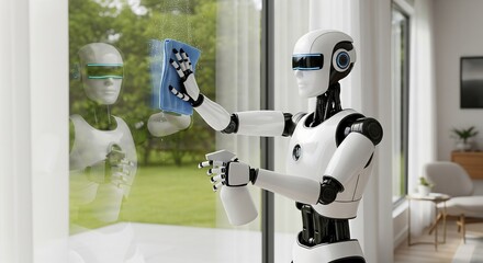 A futuristic humanoid robot meticulously cleaning a large glass window with a spray bottle and a blue cloth in a modern home.