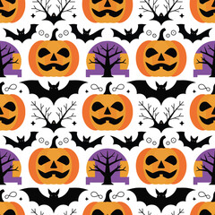 Halloween Pumpkin and Bat Pattern with Tree and Ghosts Design