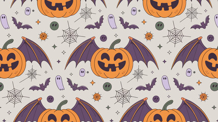 Halloween Pattern with Pumpkins, Bats, Ghosts, and Spiders