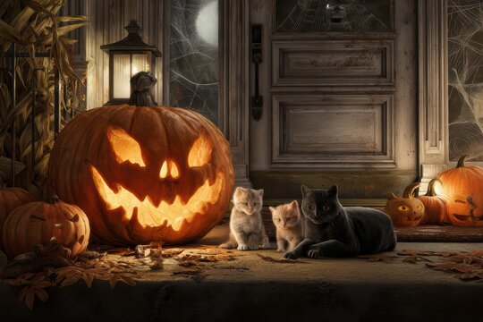 A festive Halloween scene with cute cats and pumpkin decor, creating a playful, autumnal atmosphere