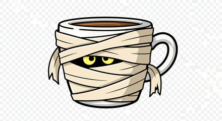 A spooky coffee mug wrapped in mummy bandages with glowing yellow eyes peeking out.
