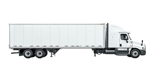 A modern semi-truck with a white trailer, set against a dark background. The truck is in profile