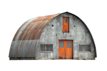 A rusty, corrugated metal building with two doors and small windows set against a black background