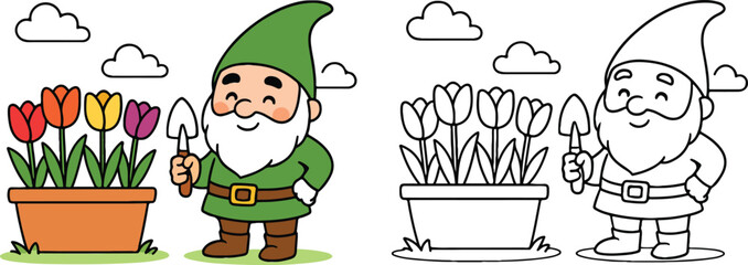 Charming garden gnome holding a trowel beside a pot of colorful tulips and a coloring page outline version